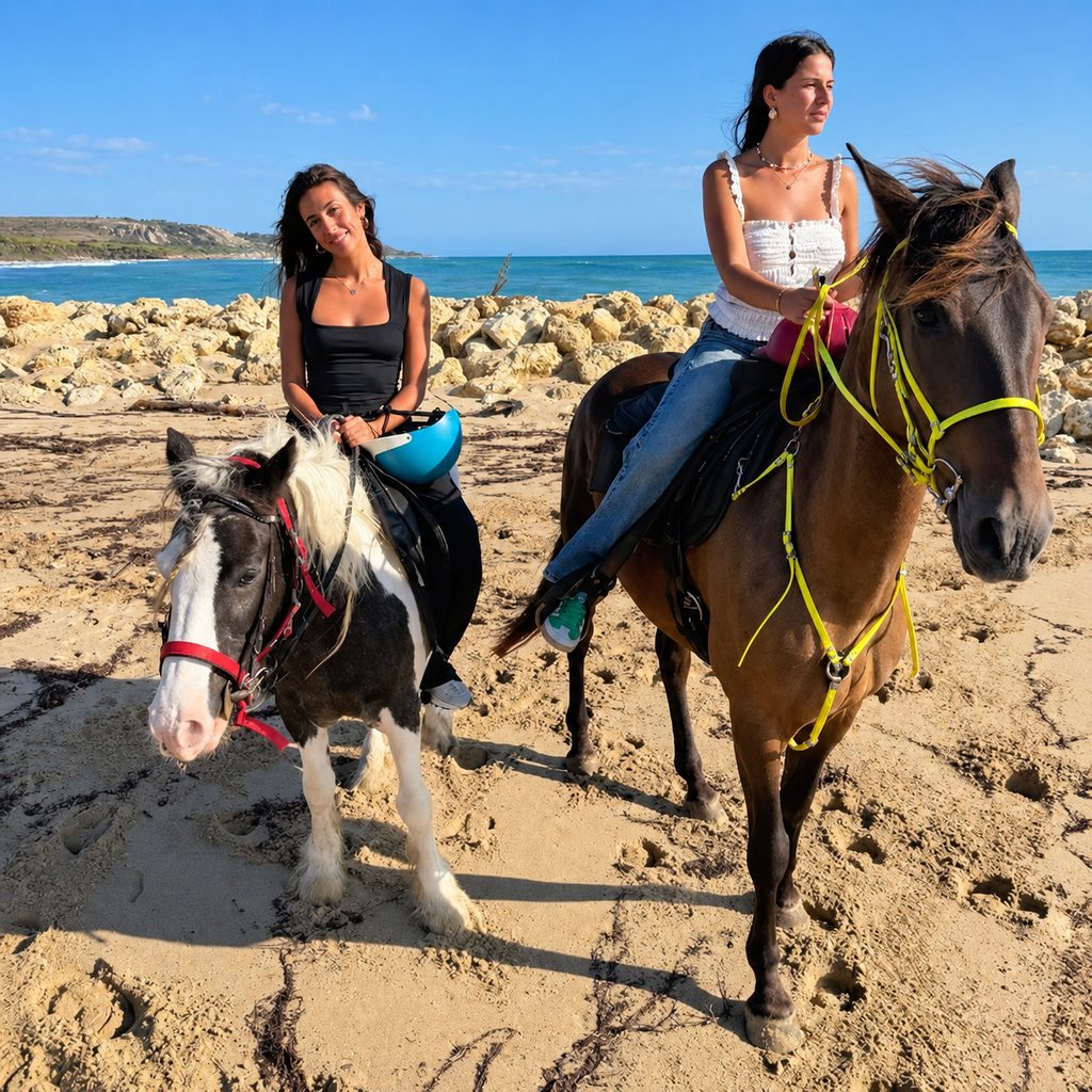 Due amiche a cavallo sulla spiaggia di Bovo Marina
