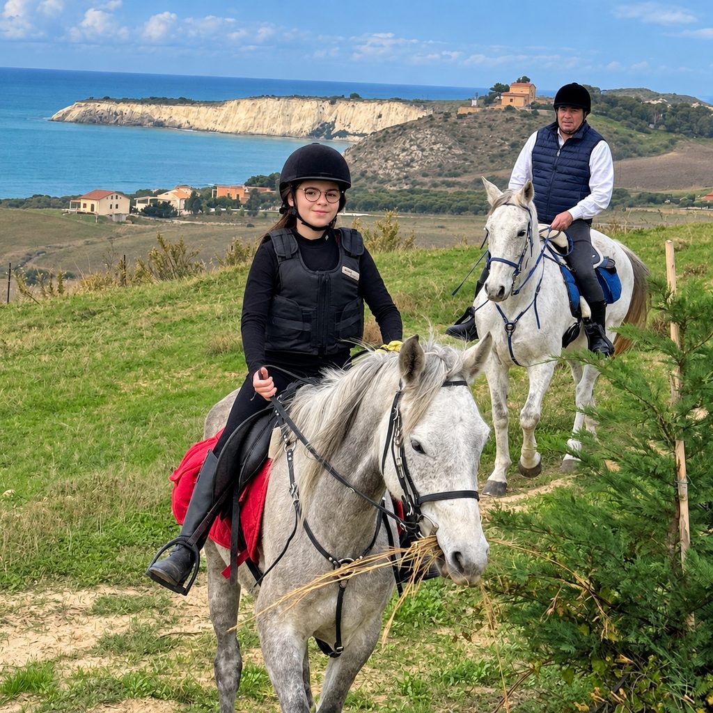 Una cavaliera col casco, in passeggiata sulla collina sul mare