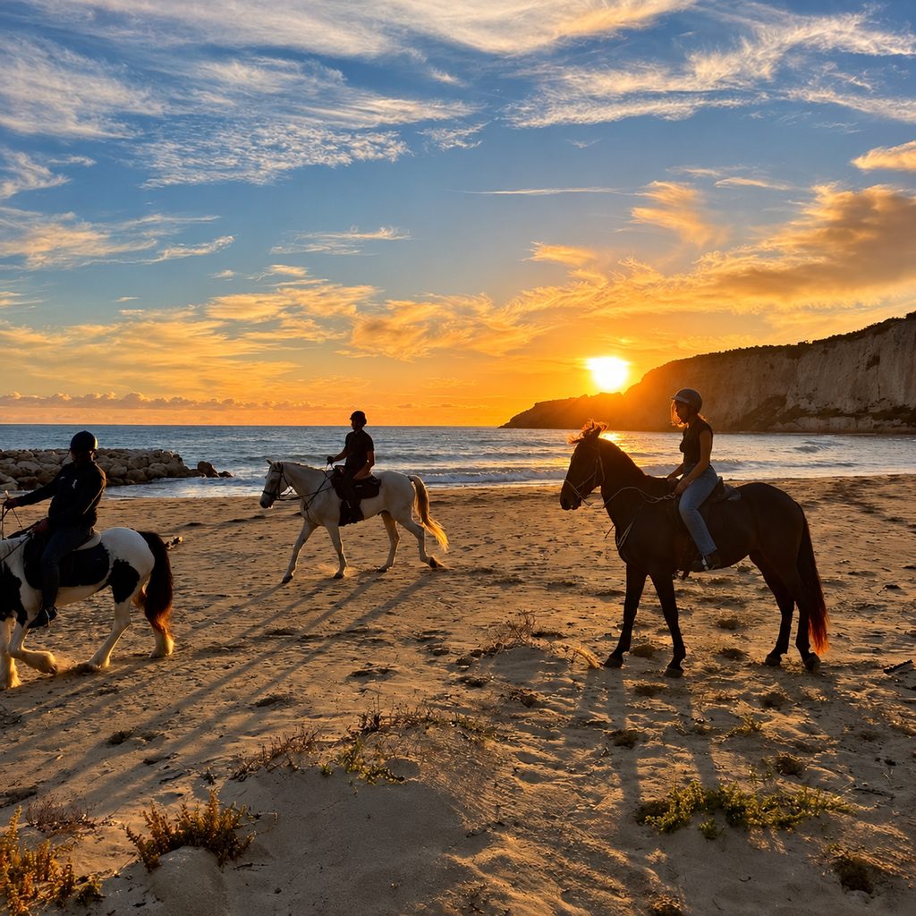 Un gruppo a cavallo sulla spiaggia al tramonto